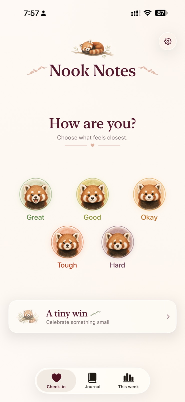 Nook Notes mood check-in screen with five red panda moods