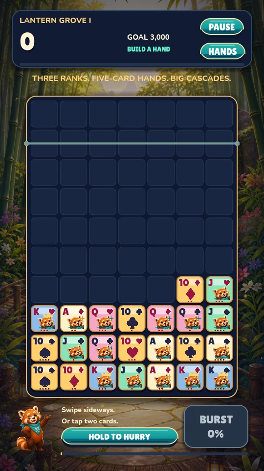 Lantern Grove gameplay with a rising grid of red-panda cards and a Bamboo Burst meter