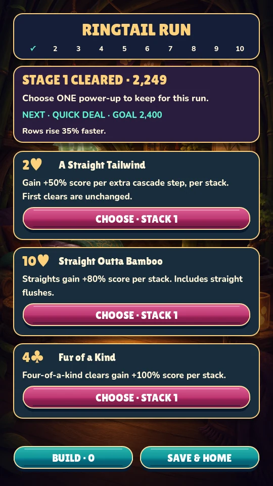 Ringtail Run's choice screen offering three temporary power-ups between stages