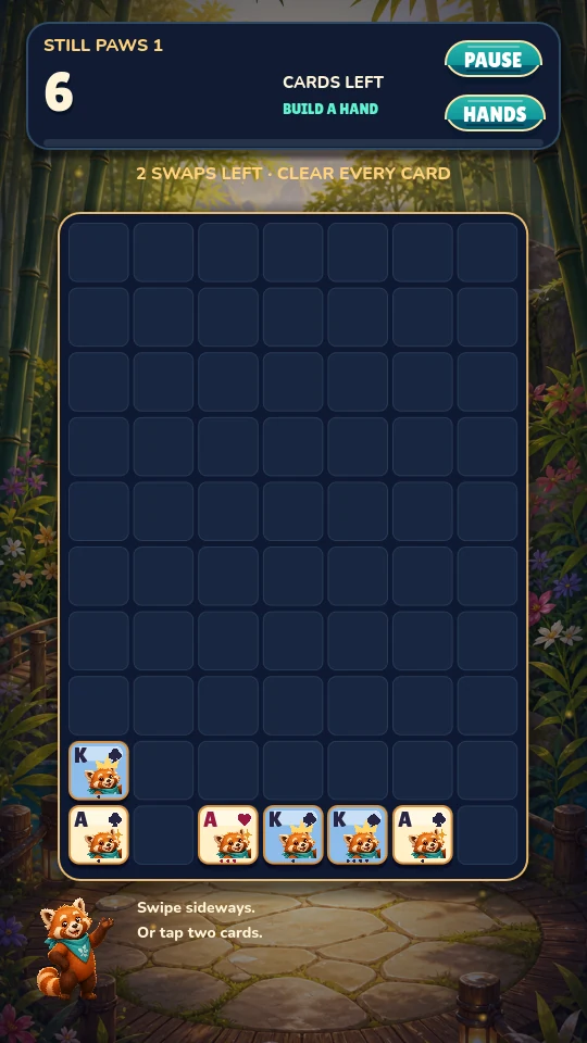 Still Paws puzzle showing six cards left and two swaps remaining